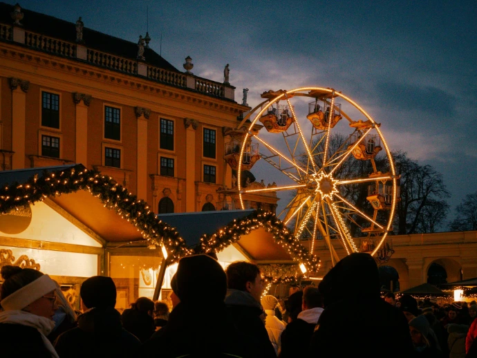 A crowd of people standing around a ferris wheel